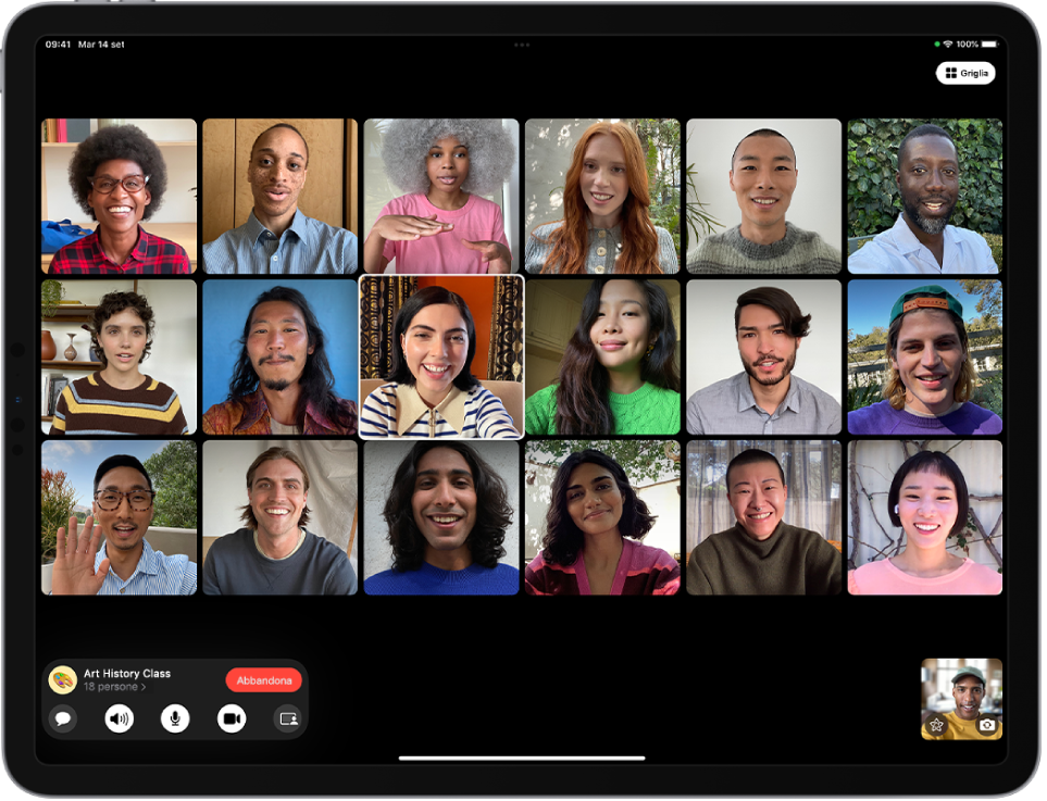 Una chiamata FaceTime di gruppo che mostra i partecipanti nel layout a griglia, con l'immagine della persona che parla evidenziata.
