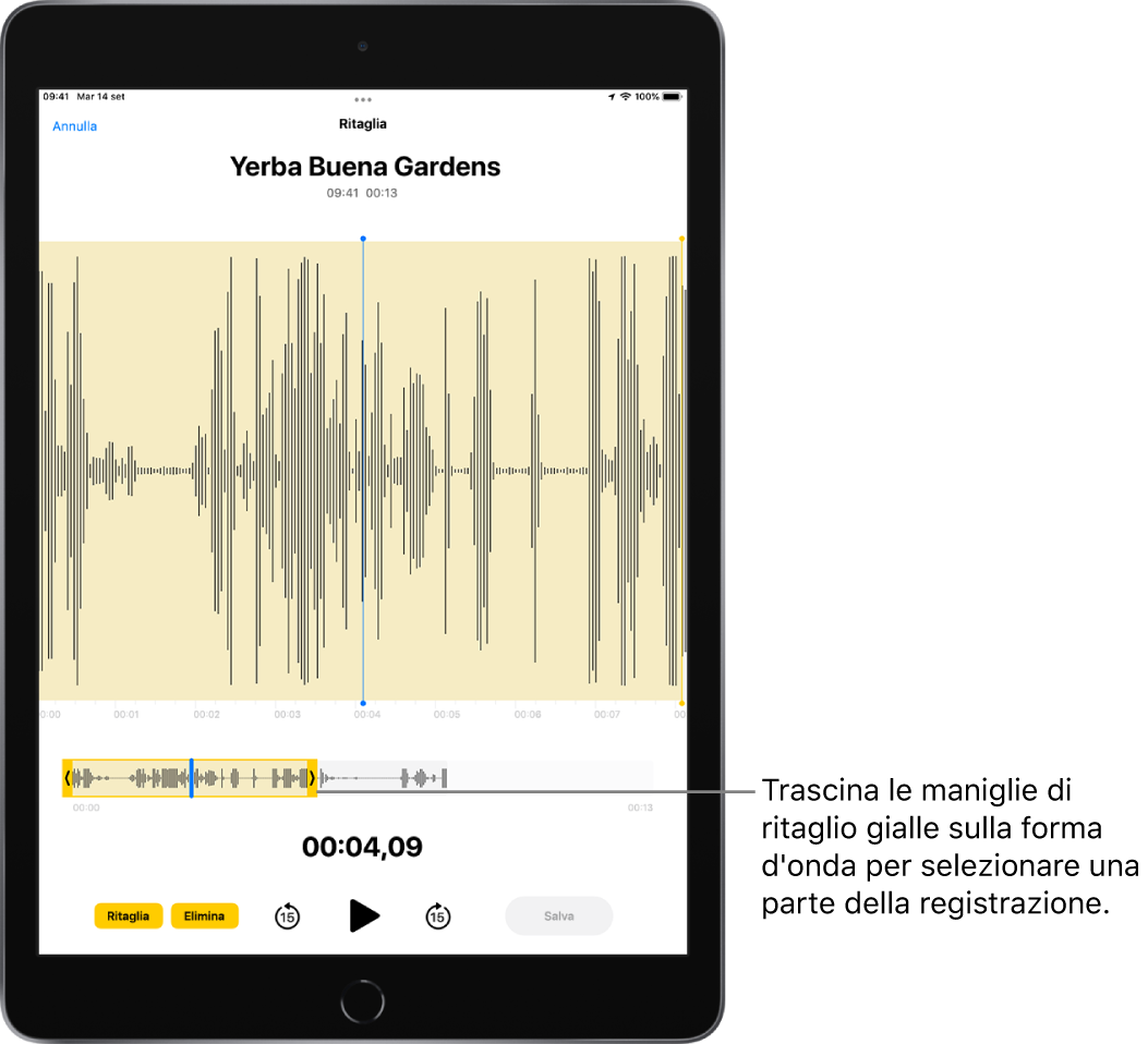 Una registrazione in fase di ritaglio, con una porzione della forma d'onda audio inclusa all'interno delle maniglie di ritaglio gialle nella parte inferiore dello schermo. Sotto la forma d'onda sono presenti un pulsante Riproduci, un timer di registrazione e le maniglie per il ritaglio.