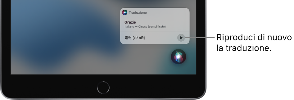 Siri mostra una traduzione della parola italiana “grazie” in cinese mandarino. Un pulsante sulla destra della traduzione permette di riprodurre nuovamente l'audio della traduzione.