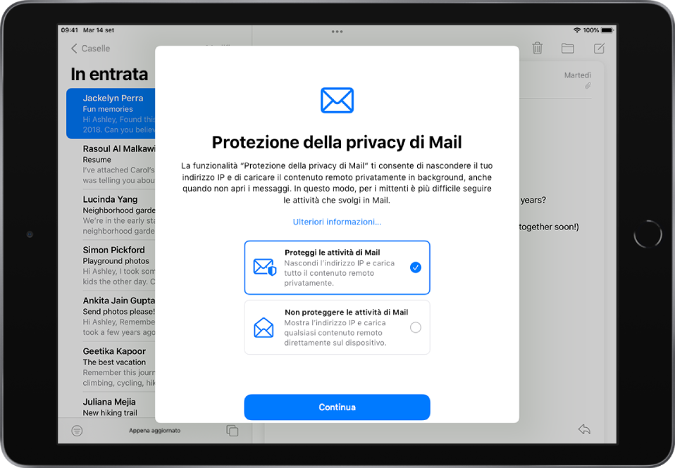 La finestra di dialogo di configurazione della protezione della privacy di Mail, che descrive le funzionalità e offre due opzioni: “Proteggi le attività di Mail” e “Non proteggere le attività di Mail”.