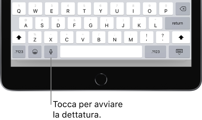 La tastiera su schermo che mostra il pulsante Detta (a destra della barra spaziatrice), che puoi toccare per iniziare a dettare del testo.