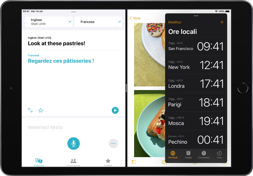 Un'app di grafica è aperta sul lato sinistro dello schermo, Calendario è aperta sulla destra e Mail è aperta in una finestra Slide Over che copre in parte Calendario.