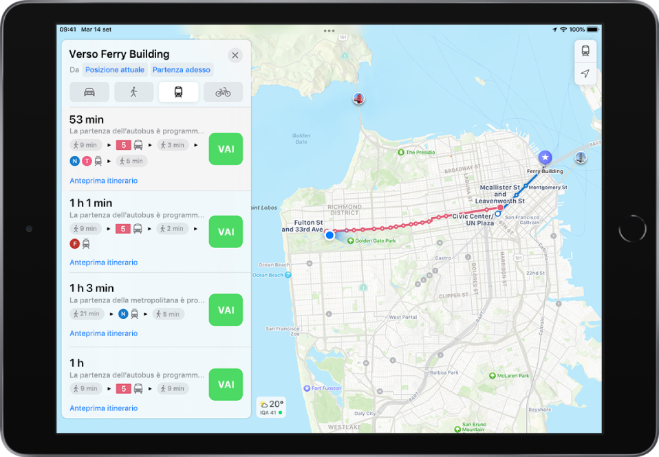 Una mappa che mostra un percorso con i mezzi pubblici. Una scheda itinerario sulla sinistra mostra i pulsanti Vai per varie opzioni di itinerario.