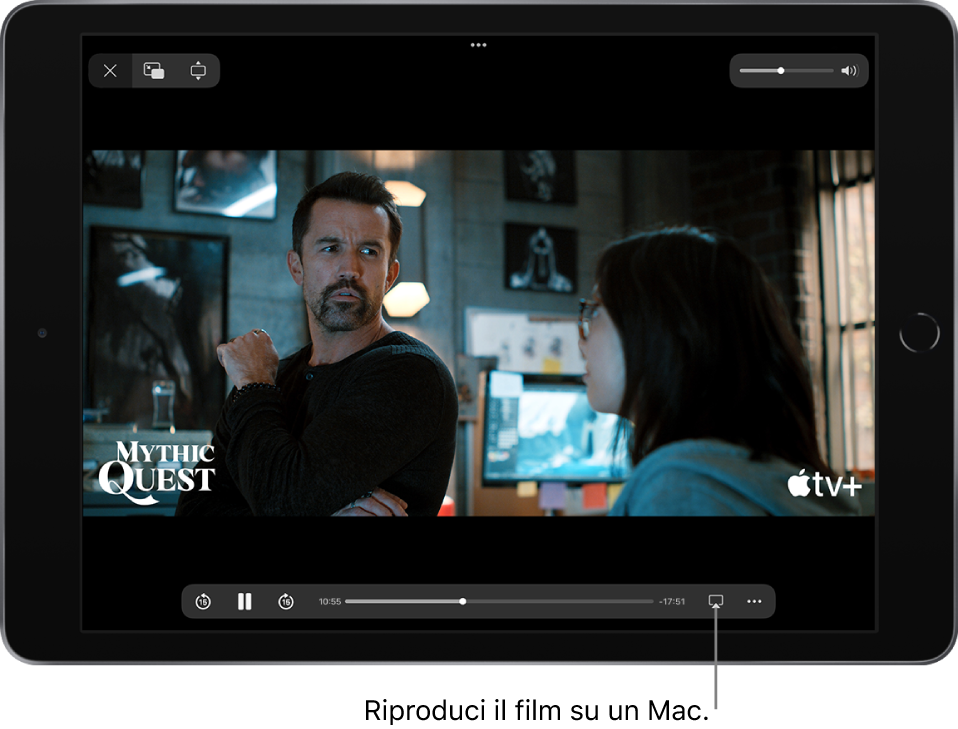 Un film in riproduzione sullo schermo di iPad. Nella parte inferiore dello schermo sono visibili i controlli di riproduzione, tra cui il pulsante AirPlay in basso a destra.