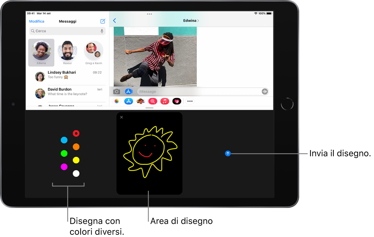 Una schermata di Messaggi con Digital Touch in basso. Le scelte di colori sono a sinistra, l'area di disegno è al centro e il pulsante Invia è a destra.
