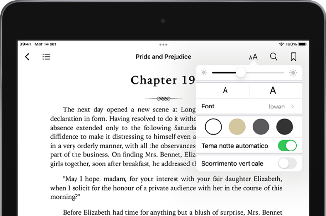 Il menu Aspetto selezionato in un libro, che contiene, dall'alto verso il basso, i controlli per luminosità, per determinare la dimensione e lo stile del font, il colore pagine, il tema notte automatico e quelli per la visualizzazione a scorrimento.