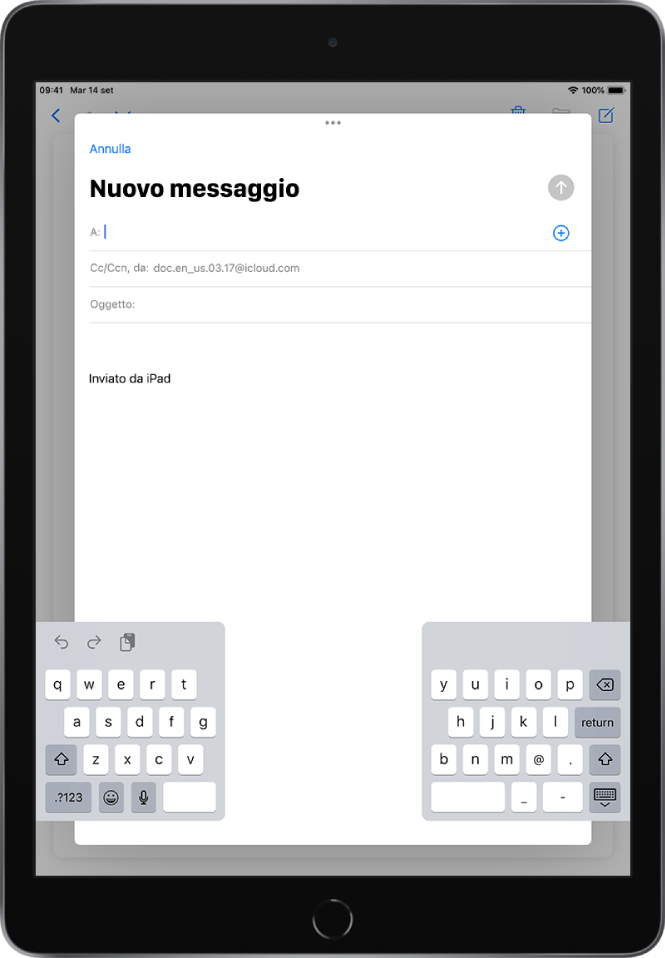 Un nuovo messaggio e-mail in fase di composizione con la tastiera divisa e disancorata dalla parte inferiore dello schermo di iPad.