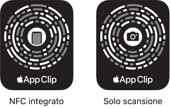 Sulla sinistra, un codice app clip con NFC integrato, con l'icona di iPhone al centro. Sulla destra un codice app clip di sola scansione, con l'icona di una fotocamera al centro.