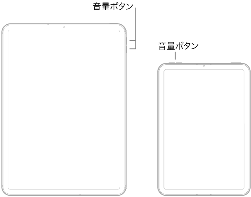 正面から見た2つの異なるiPadモデル。左側のモデルには、右側面の上部に音量ボタン、右上にトップボタンがあります。右側のモデルには、左上に音量ボタン、右上にトップボタン/Touch IDボタンがあります。