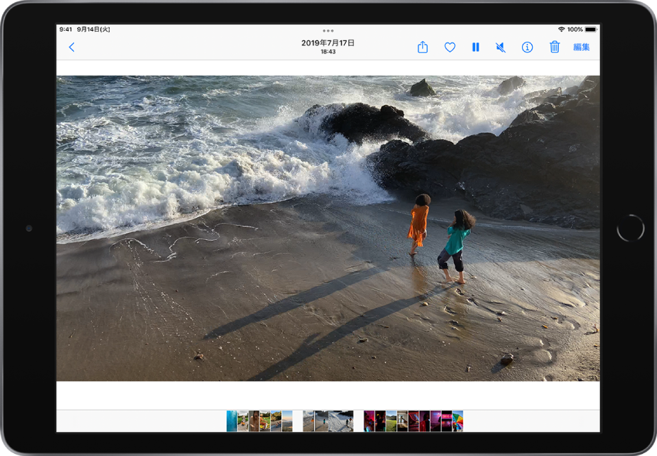 画面の中央にビデオプレーヤーがあります。左上隅には、戻るボタンがあります。右上隅には左から順に、共有、お気に入り、一時停止、消音、情報、削除、「編集」の各ボタンがあります。画面の下には、ほかのビデオのサムネールがあります。