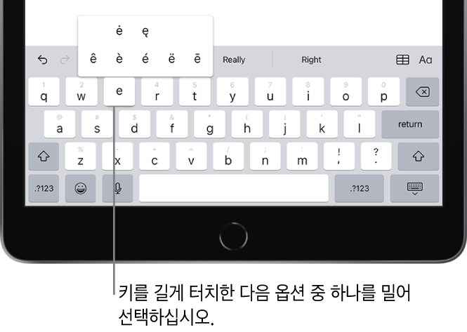 iPad 화면 하단의 키보드에 E 키를 길게 터치하면 나타나는 악센트 부호가 있는 대체 문자가 표시됨.