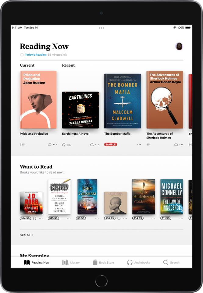 Programos „Books“ ekranas. Ekrano apačioje iš kairės į dešinę pateikiami skirtukai „Reading Now“, „Library“, „Book Store“, „AudioBooks“ ir „Search“ – pasirinktas skirtukas „Reading Now“. Ekrano viršuje yra skiltis „Reading Now“, kurioje rodomos dabar skaitomos knygos. Žemiau yra skiltis „Want to Read“, kurioje rodomos knygos, kurias galbūt norėtumėte perskaityti.