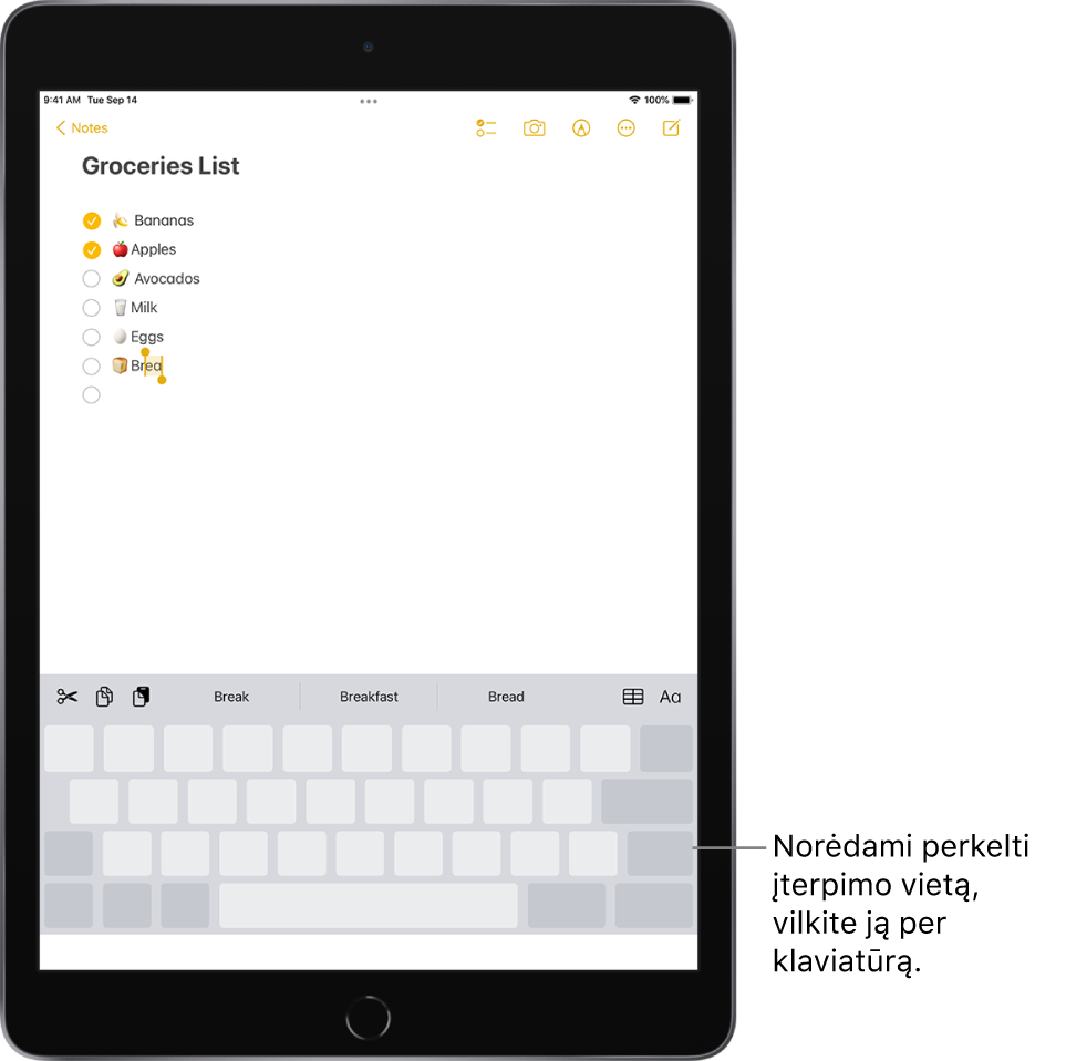 Redaguojamas užrašas klaviatūrą pakeitus jutikliniu pultu. Klaviatūra pritemdoma, taip nurodant, kad ji dabar veikia kaip jutiklinis pultas.