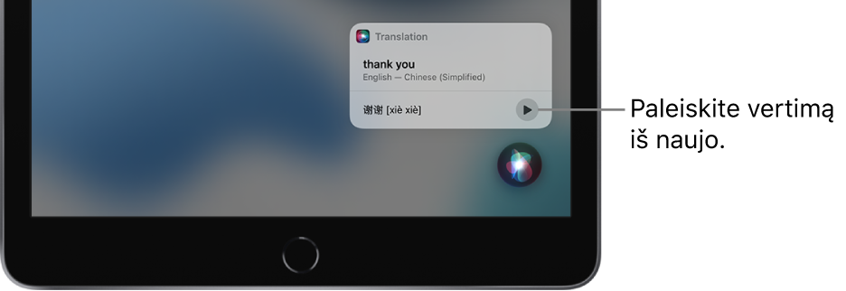 „Siri“ rodo angliškos frazės „thank you“ (ačiū) vertimą į mandarinų kalbą. Į dešinę nuo vertimo esantis mygtukas pakartoja garsinį vertimą.