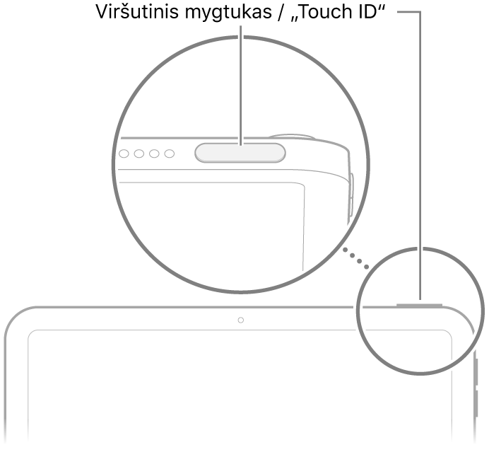 Viršutinis mygtukas/„Touch ID“ „iPad“ viršuje.