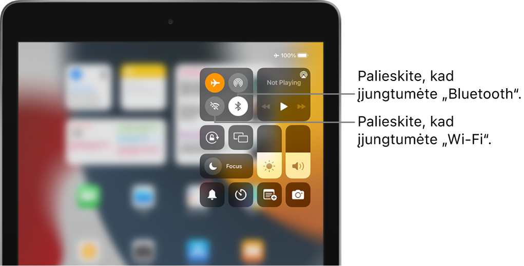 „Control Center“ su įjungtu lėktuvo režimu. „Wi-Fi“ ir „Bluetooth“ įjungimo mygtukai yra šalia viršutinio kairiojo „Control Center“ kampo.