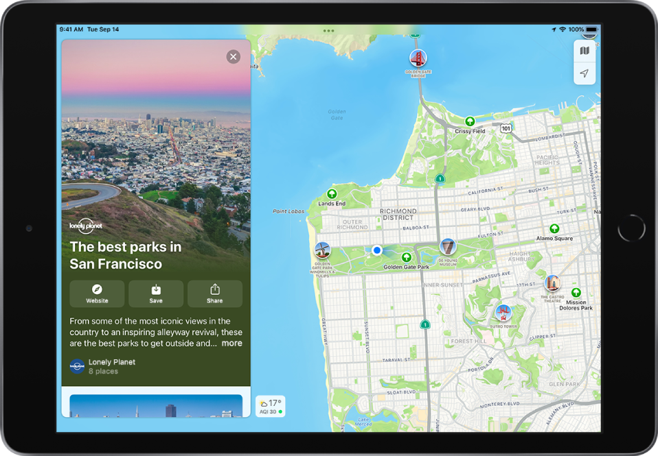 San Fransisko parkų vadovas pateikiamas kairėje miesto žemėlapio pusėje.