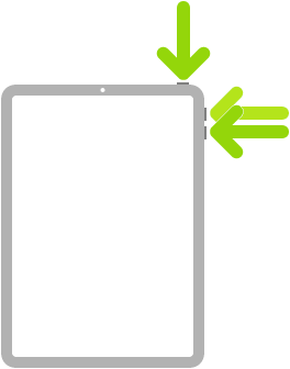 „iPad“ iliustracija, kurioje rodyklės rodo į viršutinį mygtuką ir garsinimo bei tildymo mygtukus viršuje dešinėje.