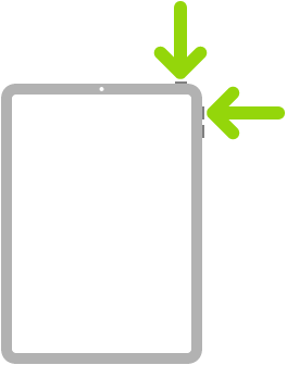 „iPad“ iliustracija, kurioje rodyklės rodo į viršutinį mygtuką ir garsinimo mygtuką viršuje dešinėje.