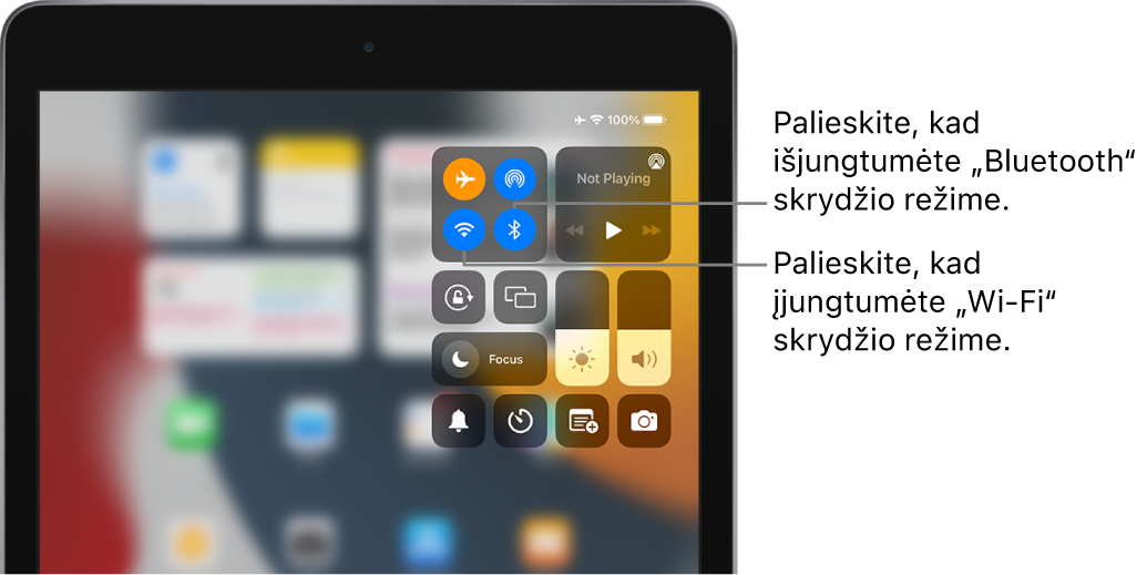 „Control Center“ su įjungtu lėktuvo režimu. „Wi-Fi“ ir „Bluetooth“ išjungimo mygtukai yra šalia viršutinio kairiojo „Control Center“ kampo.