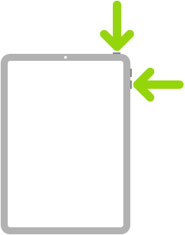 „iPad“ iliustracija, kurioje rodyklės rodo į viršutinį mygtuką ir garsumo mygtuką viršuje dešinėje.