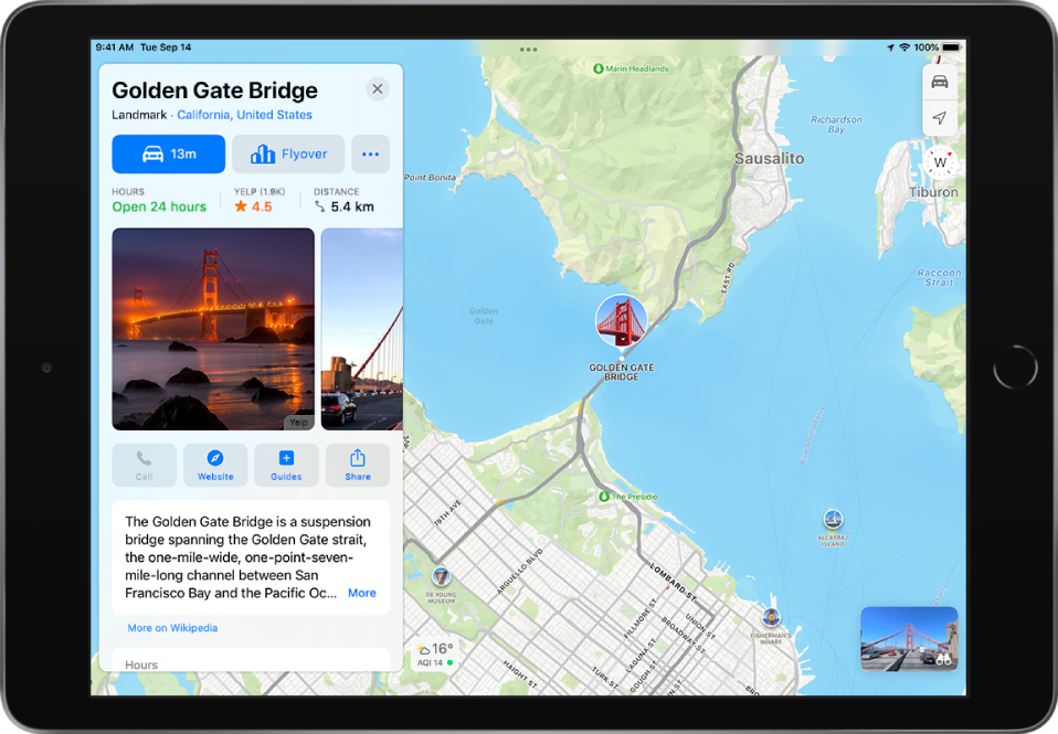 Žemėlapis, kuriame matomas tiltas „Golden Gate Bridge“. Ekrano kairėje pusėje esančioje Auksinių vartų tilto informacijos kortelėje, po mygtuku „Directions“ rodomas mygtukas „Flyover“.
