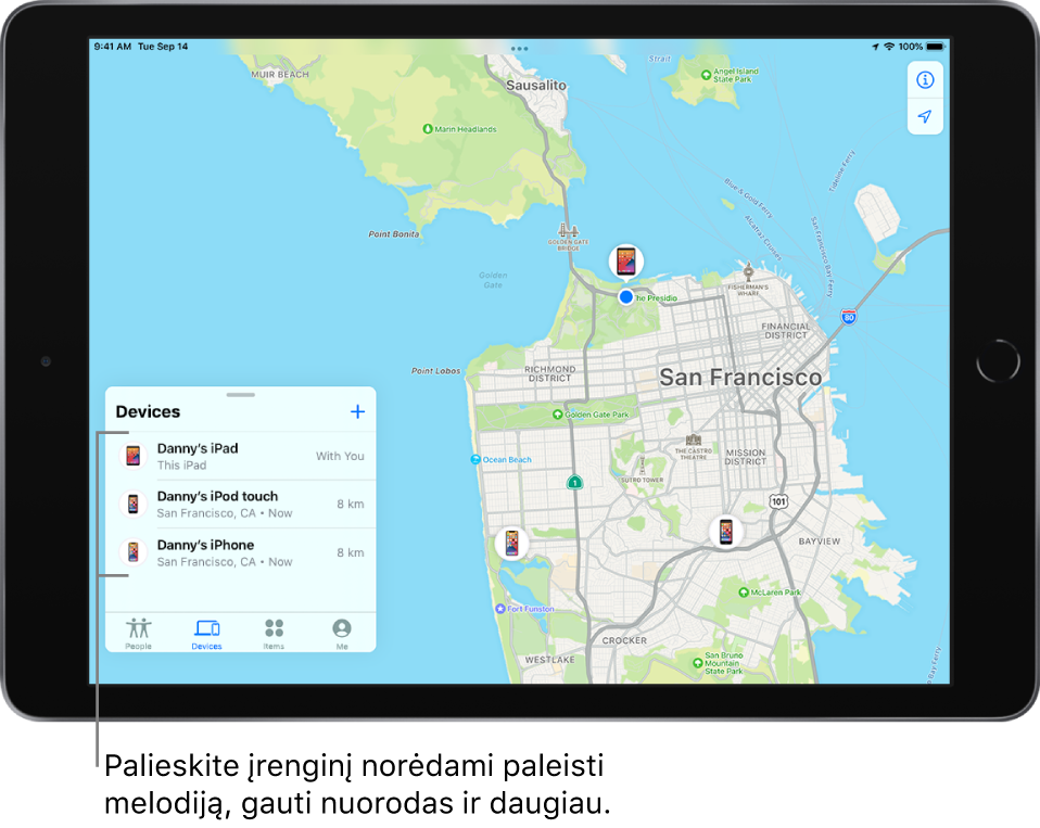  „Find My“ ekranas, atidarytas sąrašas „Devices“. Sąraše rodomi trys įrenginiai: „Danny’s iPad“, „Danny’s iPod touch“ ir „Danny’s iPhone“. Jų vietos rodomos San Fransisko žemėlapyje.