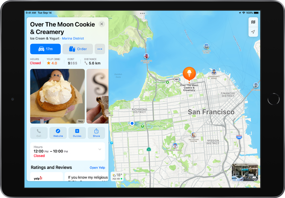 Pilsētas karte ar saldējuma veikala vietas kartīte. Vietas kartītē ir attēlotas pogas norāžu saņemšanai un pasūtījuma veikšanai.