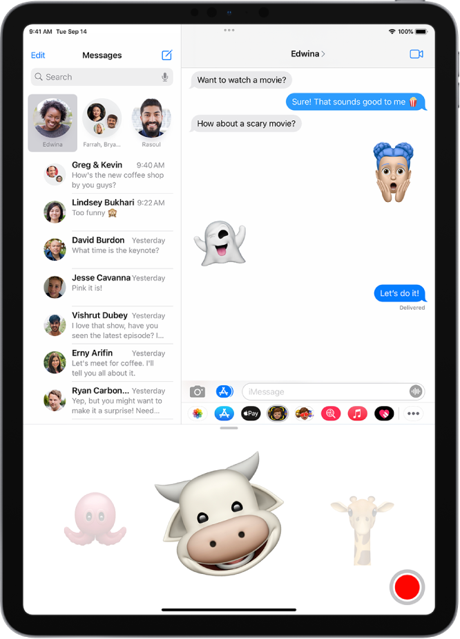 Lietotnes Messages sarakste, kurā ir atlasīts un ierakstīšanai sagatavots Memoji personāžs, lai var nosūtīt animāciju.