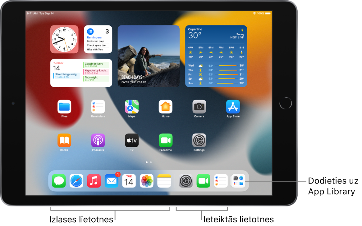 Josla Dock, kurā redzamas septiņas iecienītākās lietotnes pa kreisi un trīs ieteiktās lietotnes pa labi. Dock labā malējā ikona atver lietotņu bibliotēku.