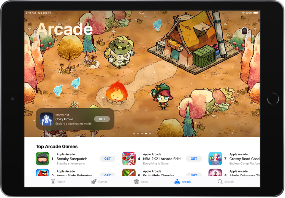 App Store ekrāns Arcade, kura augšā attēlota spēle, un Top Arcade Games centrā. Apakšējā malā no kreisās puses uz labo ir izvietotas cilnes Today, Games, Apps, Arcade un Search.