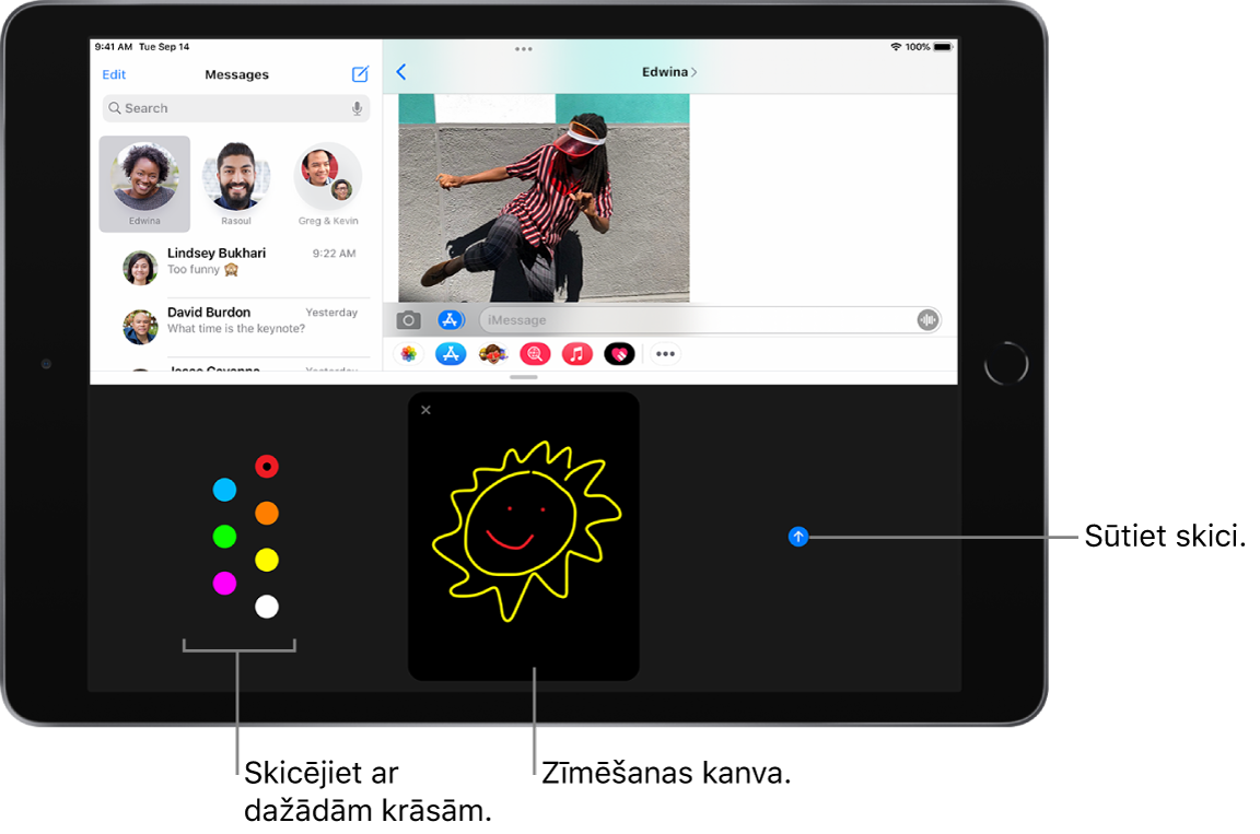 Lietotnes Messages ekrāns ar Digital Touch ekrānu apakšā. Kreisajā pusē ir krāsu izvēlne, centrā zīmēšanas laukums, un pa labi ir poga Send.