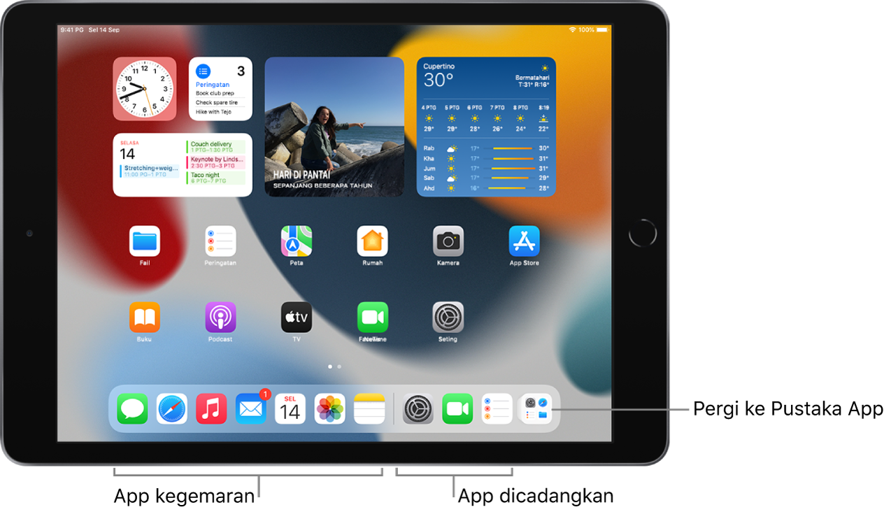 Dock menunjukkan tujuh app kegemaran di sebelah kiri dan tiga app yang dicadangkan di sebelah kanan. Ikon paling kanan dalam Dock membuka Pustaka App.