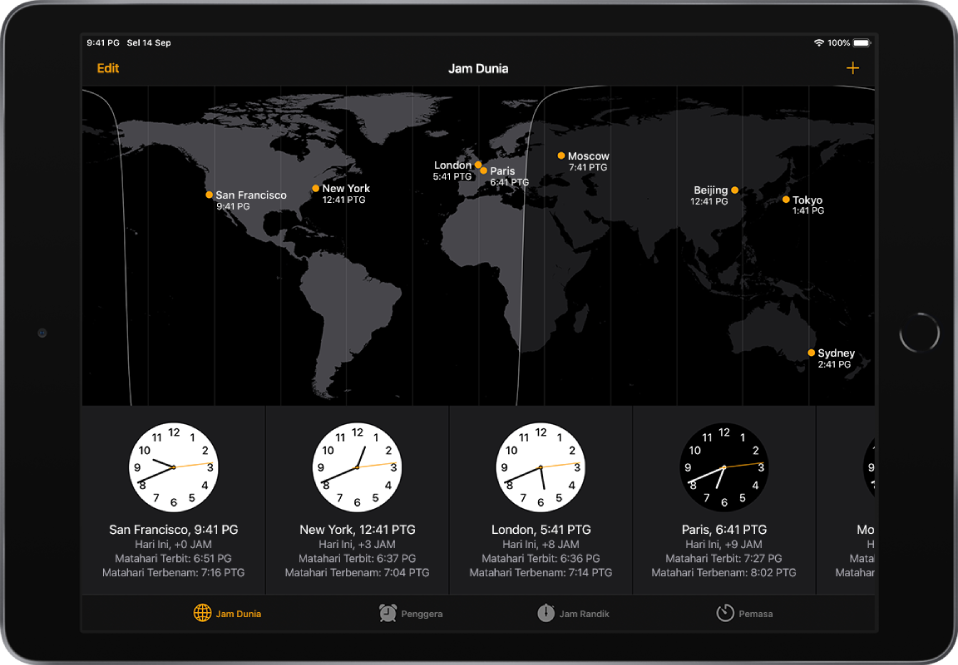Tab Jam Dunia, menunjukkan waktu di pelbagai bandar. Butang Edit berdekatan penjuru kiri atas membolehkan anda memadamkan bandar. Butang Tambah berdekatan penjuru kanan atas membolehkan anda menambah lebih banyak bandar. Butang Jam Dunia, Penggera, Jam Randik dan Pemasa berada di sepanjang bahagian bawah.
