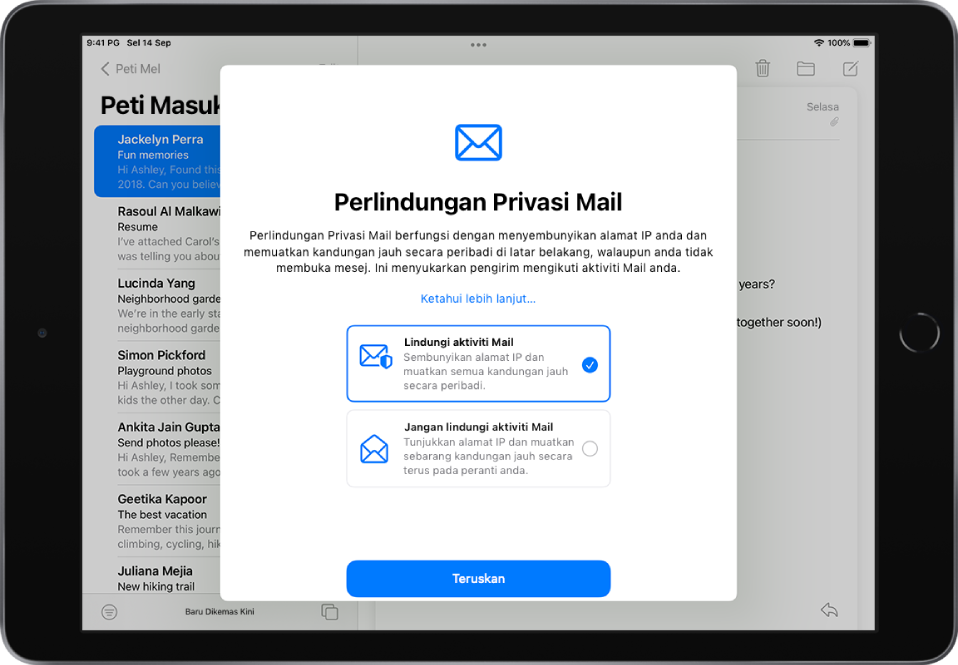 Dialog persediaan Perlindungan Privasi Mail, yang menerangkan ciri dan menawarkan dua pilihan: “Lindungi aktiviti mel” dan “Jangan lindungi aktiviti mel”.