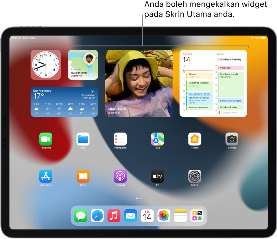 Skrin Utama dengan widget—termasuk widget Foto, Kalendar dan Cuaca.