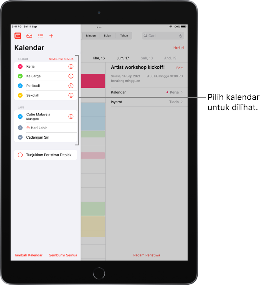 Senarai kalendar dengan tanda semak menunjukkan kalendar yang aktif. Butang Selesai untuk menutup senarai berada di penjuru kanan atas. Butang Tambah Kalendar berada di penjuru kiri bawah.
