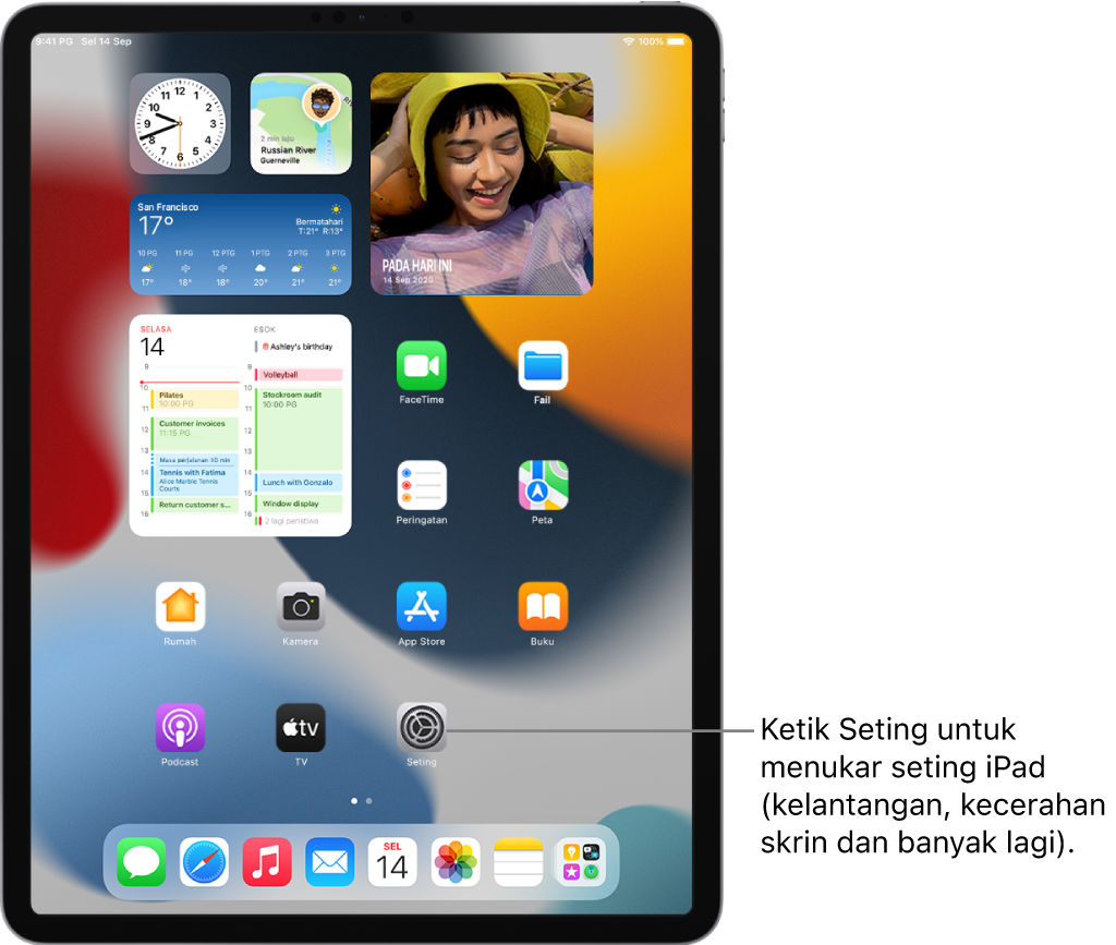 Skrin Utama iPad dengan beberapa ikon app, termasuk ikon app Seting, yang anda boleh ketik untuk menukar kelantangan bunyi iPad anda, kecerahan skrin dan banyak lagi.