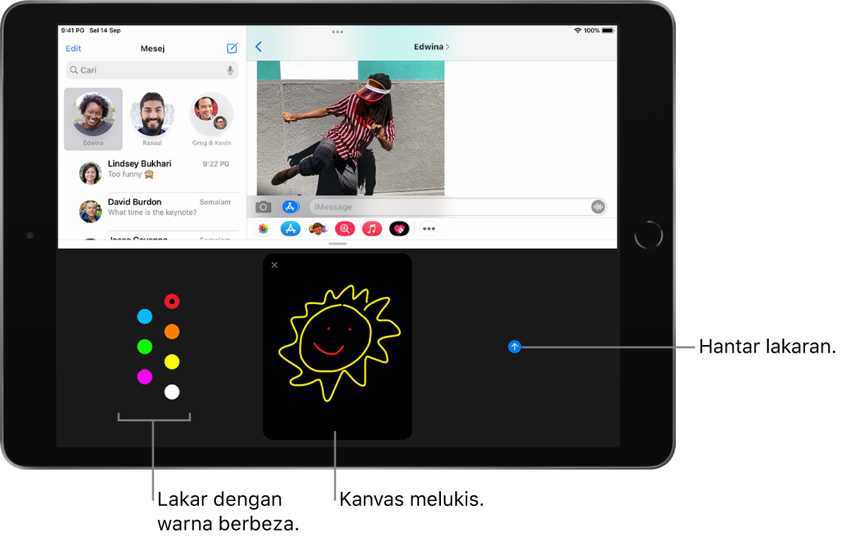 Skrin Mesej dengan skrin Digital Touch di bahagian bawah. Pilihan warna di sebelah kiri, kanvas lukisan di tengah dan butang Hantar di sebelah kanan.