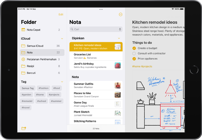iPad dalam orientasi landskap dengan app Nota dibuka. Di sebelah kiri skrin, dari atas ke bawah, ialah: Folder, iCloud dan Tag. Medan carian berada di bahagian atas tengah skrin diikuti oleh Dipin dan Nota. Nota dibuka di sebelah kanan skrin.