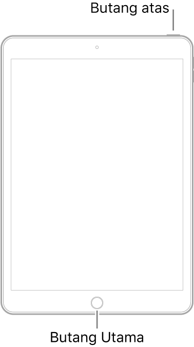 Ilustrasi iPad dengan butang Utama di bahagian bawah peranti. Butang atas ditunjukkan berhampiran pinggir kanan.