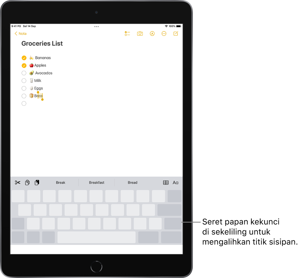 Nota sedang diedit selepas papan kekunci ditukar ke trackpad. Papan kekunci dimalapkan untuk menunjukkan yang ia kini berfungsi sebagai trackpad.