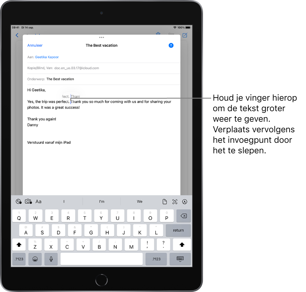 Een conceptmail met het invoegpunt op de plaats waar tekst zal worden ingevoegd of bewerkt. De tekst eromheen is vergroot, zodat het invoegpunt gemakkelijker kan worden geplaatst.