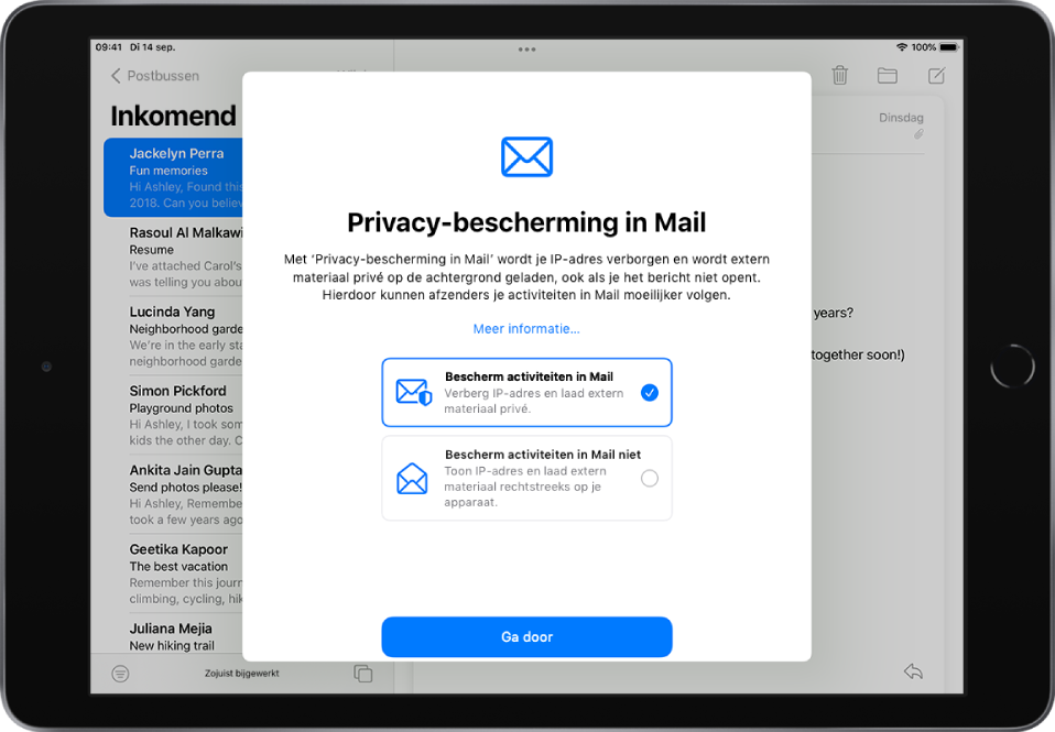 Het venster voor het instellen van 'Privacybescherming in Mail' met een beschrijving van de functies en twee mogelijke opties: 'Bescherm activiteiten in Mail' en 'Bescherm activiteiten in Mail niet'.