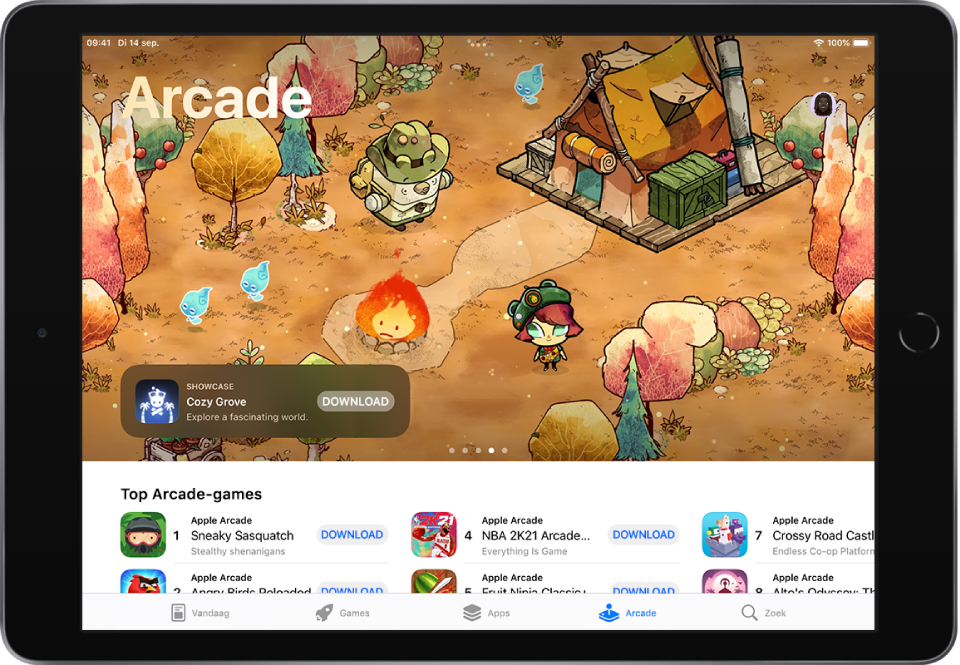 Het Arcade-scherm in de App Store met bovenin een game en in het midden 'Top Arcade Games'. Onder in het scherm staan van links naar rechts de tabbladen 'Vandaag', 'Games', 'Apps', 'Arcade' en 'Zoek'.