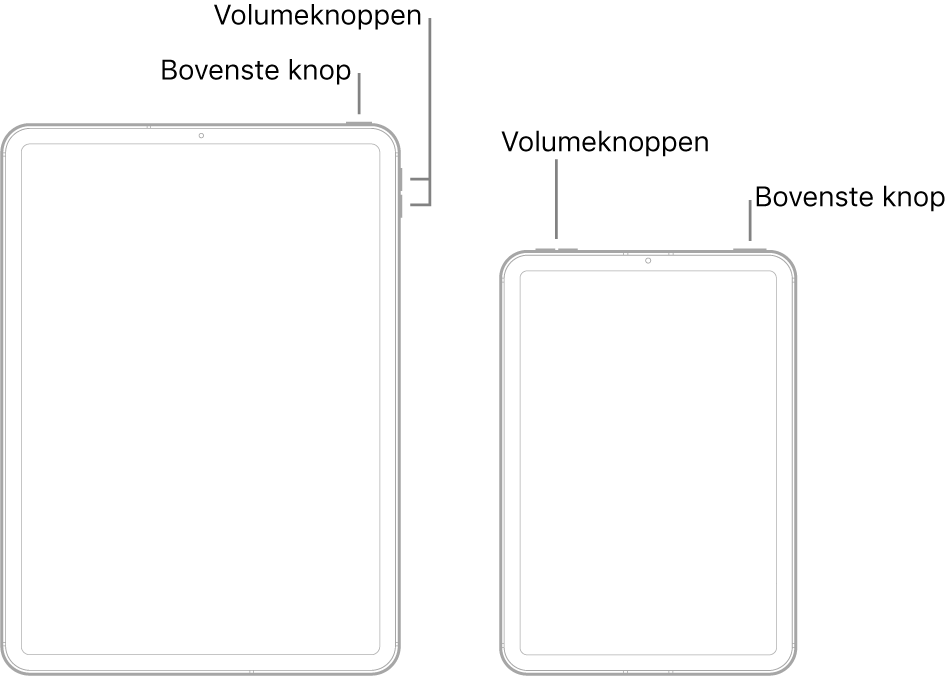 Illustraties van twee verschillende iPad-modellen met het scherm naar boven gericht. In de illustratie helemaal links zitten de volumeknoppen aan de rechterkant van het apparaat. De bovenste knop zit bij de rechterrand. In de illustratie helemaal rechts zitten de volumeknoppen bovenaan bij de linkerrand van het apparaat. De bovenste knop zit bij de rechterrand.