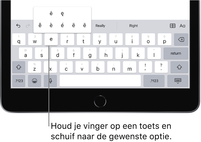 Een toetsenbord onder in het iPad-scherm met alternatieve accenttekens die worden weergegeven wanneer je je vinger op de toets "E" houdt.