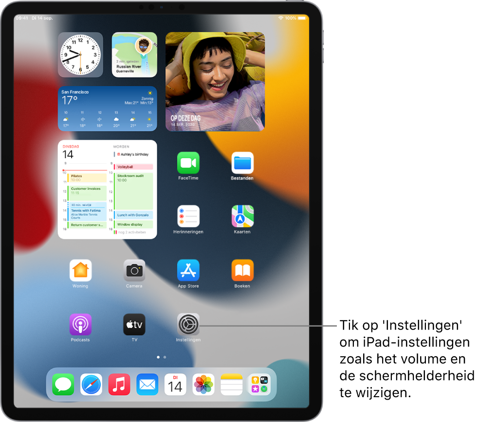 Het beginscherm met diverse appsymbolen, zoals het symbool van de Instellingen-app, waarop je kunt tikken om het volume, de schermhelderheid en andere iPad-instellingen te wijzigen.