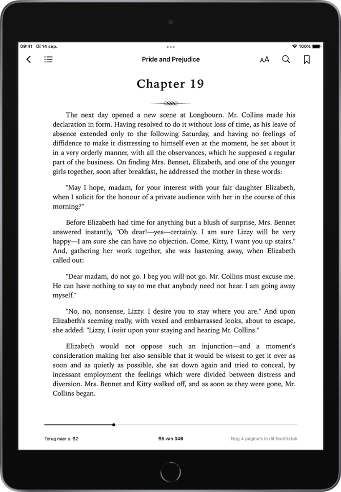 De pagina van een geopend boek in de Boeken-app. Boven in het scherm bevinden zich de navigatieregelaars met van links naar rechts knoppen voor het sluiten van een boek, de inhoudsopgave, het weergavemenu, zoeken en bladwijzers.