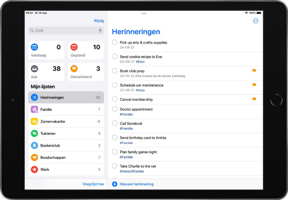 Een Herinneringen-scherm met herinneringenlijsten aan de linkerkant en een takenlijst aan de rechterkant. De knop 'Nieuwe herinnering' bevindt zich in het midden onderin.